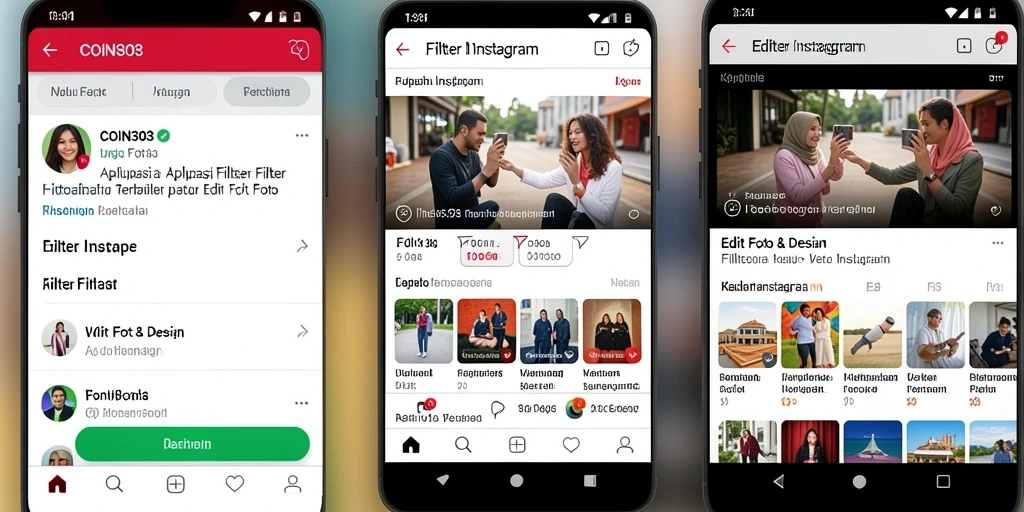 Antarmuka aplikasi COIN303 dengan pilihan filter Instagram yang menarik.