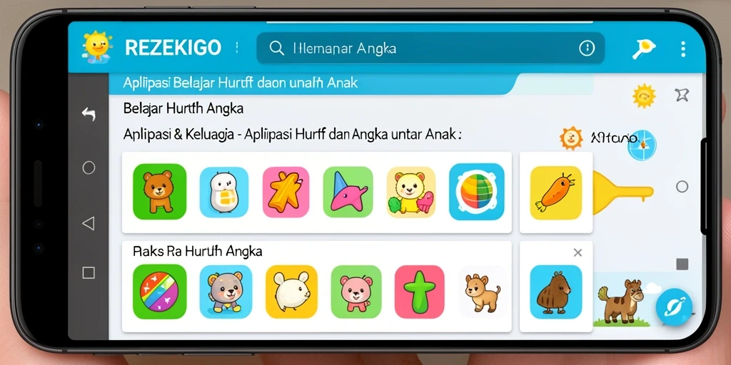 Antarmuka aplikasi REZEKIGO untuk belajar huruf dan angka.
