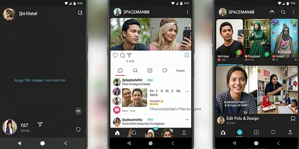 Antarmuka SPACEMAN88 dengan beragam filter Instagram yang memikat.